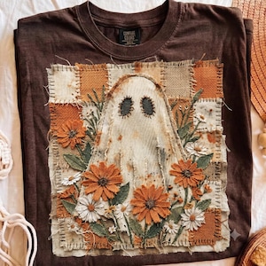 Patchwork floral ghost png,preppy distressed halloween sublimation,  checkered floral boho fall shirt design,retro ghost design