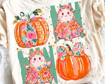 Fall Bow gost  Pumpkin Striped PNG, Floral Pumpkin Trending Sublimation DTF Design (Digital Download),preppy floral gost png