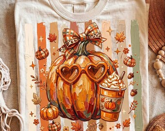 Floral Fall Pumpkin stripes brushstroke Png, Boho Pumpkin Coquette Png, Vintage Autumn Shirt Design, Retro Halloween Flowers Png