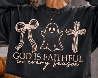 God Is Faithful In Every Season PNG | Christian Halloween Ghost, Coquette Bow (Digital Download)