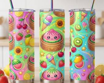 Dumpling icecream summer Tumbler Wrap PNG, 20oz Skinny Tumbler, Kawaii Dumpling Cup Design, Pastel Rainbowe popsicles Dumplings