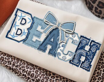 Coquette Beach Vacation Png, Coastal Floral Pearl Shirt vintage distressed patchwork embroided Design, Blue Sea Shell Beach Patchwork Png