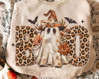 Boho Leopard boo png, patchwork di Halloween png, fantasma floreale effetto invecchiato sublimazione, Halloween retrò PNG, maglietta spettrale, civetta autunnale vintage PNG