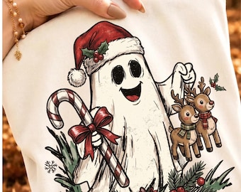 Christmas Ghost PNG | Santa Ghost Christmas Design | Vintage Holiday Sublimation | Candy Cane Reindeer Ghost Shirt PNG