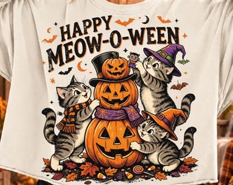 Happy Meow-O-Ween PNG | Halloween Cat & Pumpkin Design | Retro Spooky Cat Shirt Sublimation | Cute Fall Digital Download