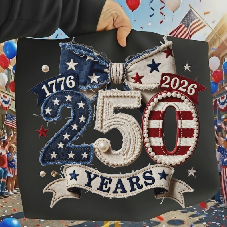 May include: A black tote bag with a patriotic design celebrating 250 years. Features a bow, the numbers "1776" and "2026", and the words "250 YEARS" in a banner. The design incorporates stars and stripes in red, white, and blue.