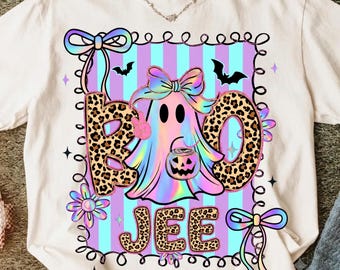 Preppy Halloween Ghost stripes  Png,Cute Boo jee gost Coquette Png,Floral Spooky Png, Girly Halloween Shirt Design,Spooky season Sublimation