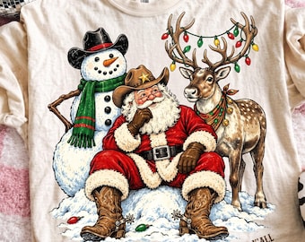 Cowboy Santa PNG | Merry Christmas Y'all Western Christmas Design | Rustic Santa Snowman Reindeer Sublimation | Holiday Shirt PNG