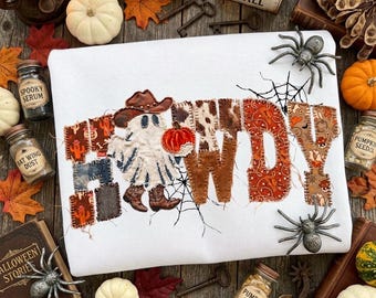 Howdy Ghost distressed patchwork PNG,Western Halloween Sublimation,Cowboy Fall  Design, Retro Spooky Season Png,Rustic Autumn Pumpkin PNG