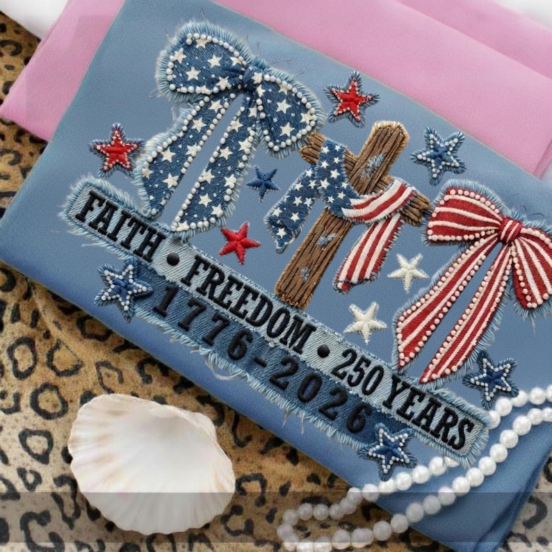 May include: A light blue decorative piece with patriotic embellishments. Features a cross, bows, and stars in red, white, and blue denim. Text reads "FAITH FREEDOM 1776-2026 250 YEARS". Includes a seashell and pearl necklace.