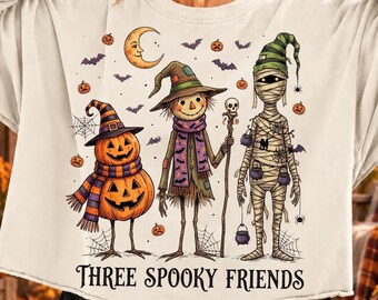Three Spooky Friends PNG | Halloween Scarecrow Pumpkin Mummy Design | Spooky Season Sublimation | Fall Halloween Shirt PNG