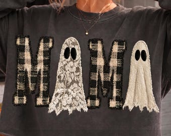 Halloween Mama PNG | Faux Embroidery Ghost Patch | Spooky Mama Fall Shirt Design | Pumpkin Bat Cat Witch Bow Sublimation