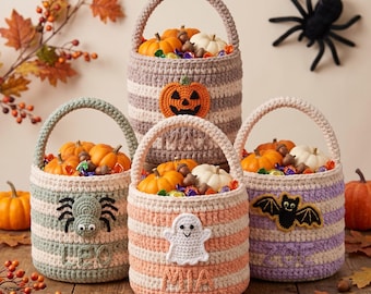 Halloween Crochet Basket Pattern PDF | 4 in 1 Pumpkin Ghost Spider Bat Treat Basket | Trick or Treat Candy Bucket