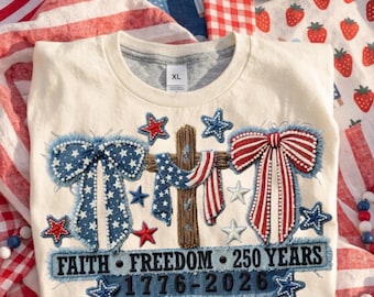 250 Years Png, Jesus Christian America Coquette Bow,1776 2026,USA Anniversary, USA 250th Birthday,250 Years Patchwork denim png