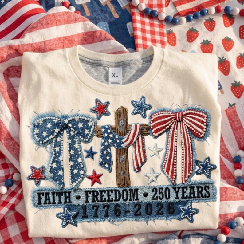 May include: Cream-colored XL t-shirt with patriotic embroidery. Features a cross draped with a flag, bows, and stars in red, white, and blue. Text reads "FAITH FREEDOM 250 YEARS 1776-2026".