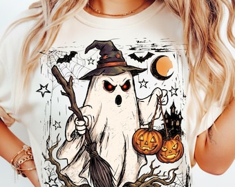 Witch Ghost Halloween PNG | Pumpkin Witch Sublimation Design | Vintage Spooky Season Shirt PNG | Retro Halloween Digital Download
