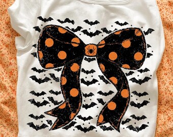 Preppy Ghost Coquette PNG | Halloween Bow Bat PNG | Polka Dot Stripes Ghost Design | Girly Spooky Season Sublimation | Fall Digital Download