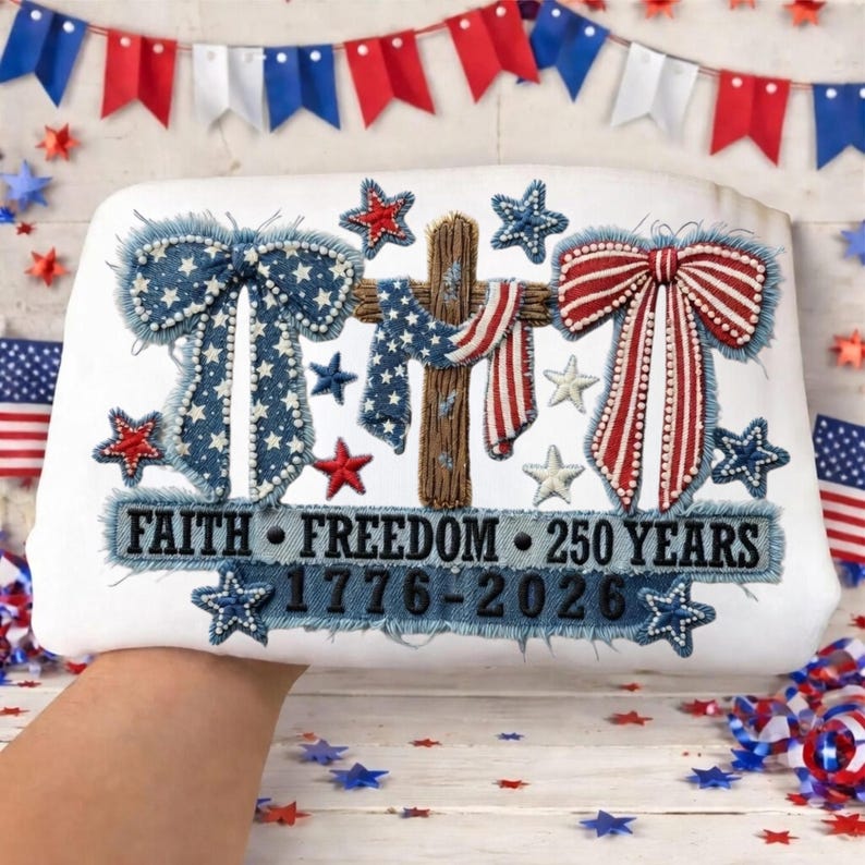 May include: White rectangular pillow with patriotic embroidery. Features blue and white star bows, a cross draped with a flag, and red and white striped bow. Text reads "FAITH FREEDOM 250 YEARS 1776-2026". Decorative stars complete the design.