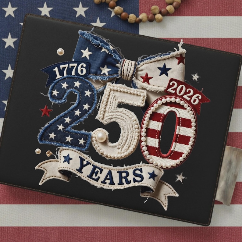 May include: A black album cover with patriotic embellishments. The cover features a bow, the numbers "250", the years "1776" and "2026", and the word "YEARS". The design incorporates red, white, and blue colors with star and pearl accents.
