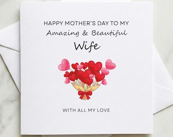 Mother's Day Card for Wife with Bouquet of Hearts Illustration, Mother's Day Card from Husband, Present from Husband on Mothering Sunday