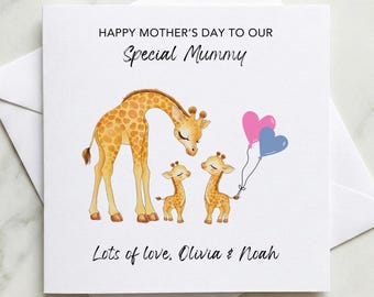 Tarjeta del Día de la Madre para Mamá con Ilustración de Jirafas, Tarjeta del Día de la Madre para Mamá de Niños, Hijo e Hija, Tarjeta del Día de la Madre para Esposa