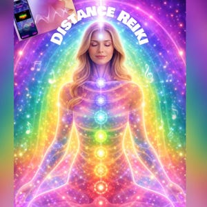 Può includere: Illustrazione digitale di una donna che medita con un'aura arcobaleno e centri energetici. L'immagine include il testo "BIOFEEDBACK & AURA READING" e "DISTANCE REIKI". Uno smartphone mostra una lettura di biofeedback.