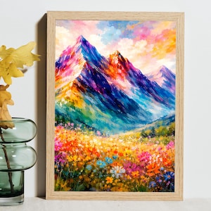 Lámina artística de flores de montaña coloridas, ilustración abstracta de patchwork (descarga digital)