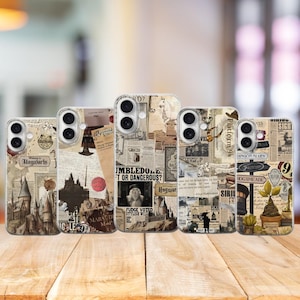 May include: Five phone cases with a collage design featuring newspaper clippings and images. The cases have a vintage aesthetic with text and illustrations related to a fantasy theme. The cases are displayed on a wooden surface.