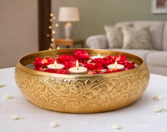 Bol Urli en aluminium doré | Design traditionnel chitai, décoration de centre de table