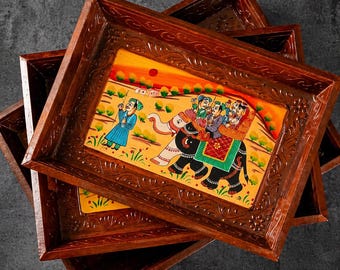 Plateaux de service en bois peints à la main - Scène d'éléphant traditionnel indien (Ensemble de 3)