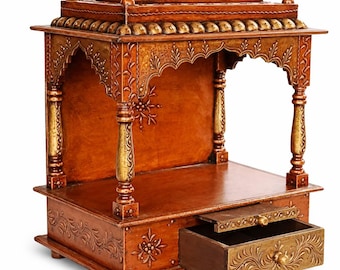 Mandir Pooja en bois avec des touches de cuivre - Temple de la maison de style antique