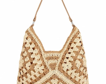 Sac fourre-tout aztèque Boho Summer Beach fait main en osier de paille