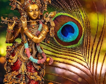 Statue de Krishna en résine de grande taille avec flûte pour décoration intérieure | Hauteur : 14 pouces
