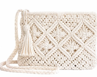 Sac en macramé fait main - Sac à bandoulière bohème chic en coton avec glands, Blanc cassé