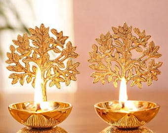 Diya Kalpavriksha en laiton pur pour Puja - Lot de 2 | Deepak religieux pour Mandir, temple,