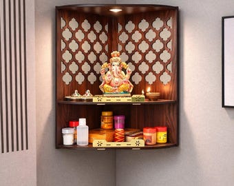 Mandir d'angle Pooja avec éclairage LED | Temple mural moderne en bois d'ingénierie