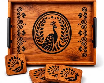 Plateau de service en bois de teck avec motif paon, comprend 4 sous-verres (15 x 11 x 2 pouces)