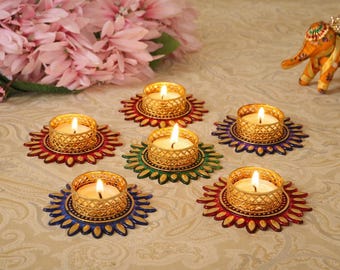Lot de 5 bougeoirs floraux pour bougie chauffe-plat – Décorations votives en métal et en tissu
