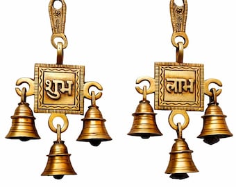 Cloches suspendues pour porte Shubh Labh en laiton massif, décor traditionnel de temple Pooja
