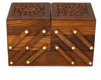 Boîte à bijoux en bois sculpté à la main - Organisateur 5 compartiments, rangement finition brune