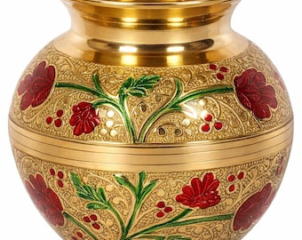 Pooja Kalash en laiton, motif floral de 4 pouces, récipient rituel indien ethnique