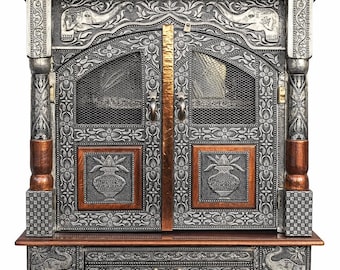 Mandir Pooja plaqué argent | Temple traditionnel en bois avec tiroir pour idoles