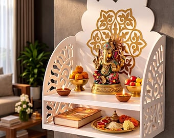 Mandir en métal | Temple mural bicolore blanc brun | Rangement 15 x 15 x 8 po.