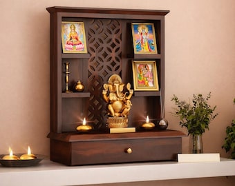 Temple en bois de Sesham massif, Pooja Ghar traditionnel finition noyer, tiroir de rangement, 4 étagères