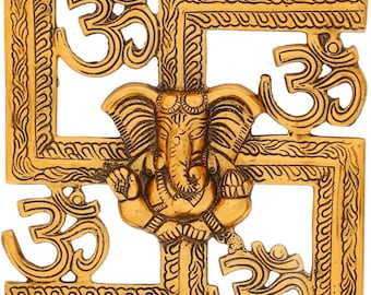 Tenture murale en métal doré à croix gammée Lord Ganesh on Om