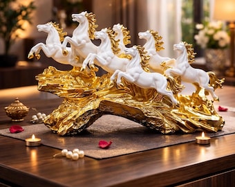 Pièce maîtresse des sept chevaux au galop, socle vague en or blanc, statue de Vastu
