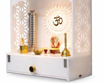 Support Mandir Pooja en acrylique blanc - Temple de la maison contemporain avec lumière LED