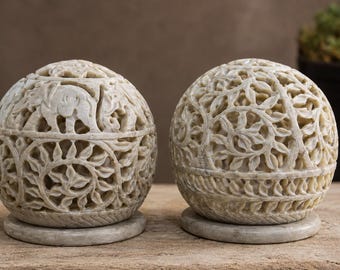Lot de 2 porte-bougies chauffe-plat en pierre ollaire - éléphant et sculpture florale pour bougie chauffe-plat décoratif pour la décoration intérieure (3,5 pouces).