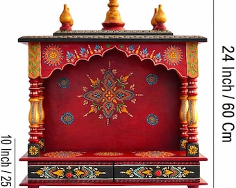 Temple artisanal en bois rouge-vert, autel de maison traditionnel (20 x 10 x 24 pouces)