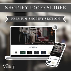 Peut inclure: Un ordinateur portable et un smartphone affichent une interface de site web avec le texte "Spring Collection" et "Brands That Trust Us." L'image comprend le texte "SHOPIFY LOGO SLIDER" et "PREMIUM SHOPIFY SECTION." Une icône de sac de shopping est en haut à droite.